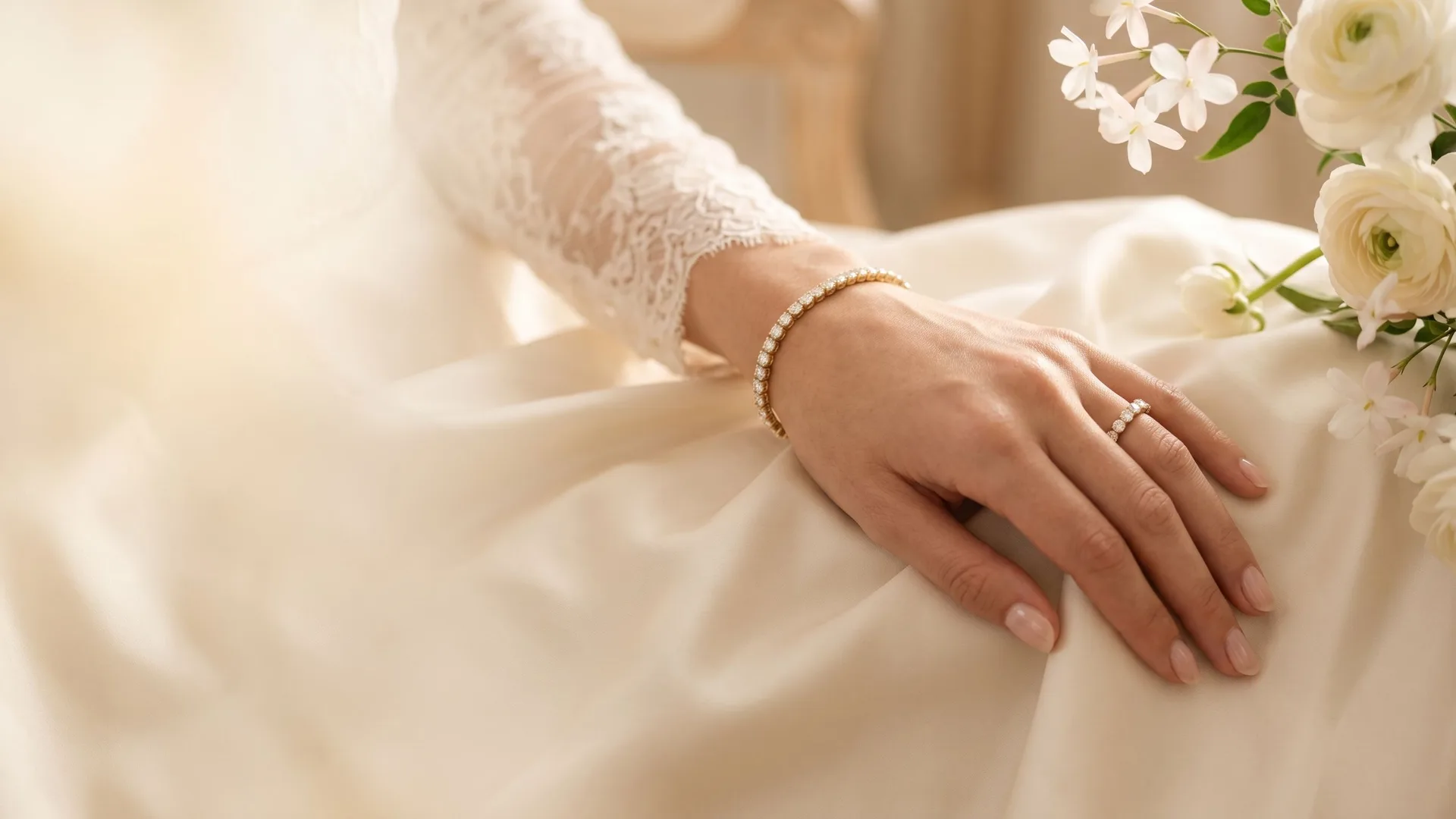 A hand wearing a lab-grown diamond tennis bracelet and a 14k gold diamond eternity ring on cream silk